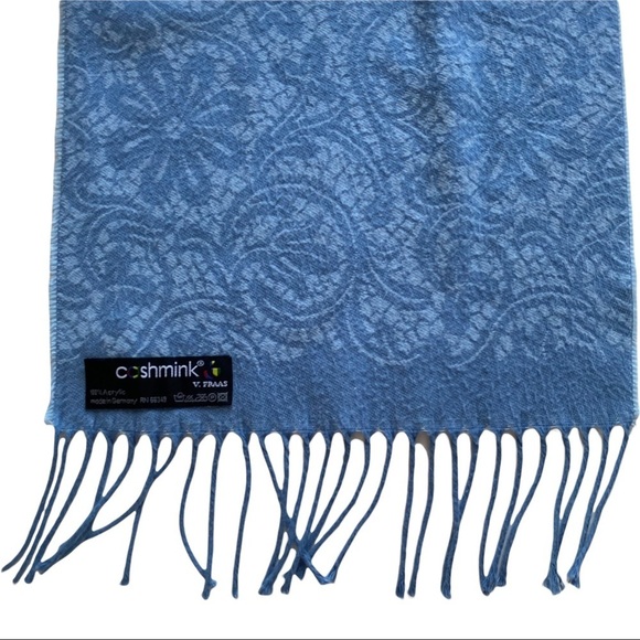 Cashmink V. Fraas Powder Blue Floral Print Scarf Wrap Blue Frilly Fringe 65x11 - Picture 5 of 5